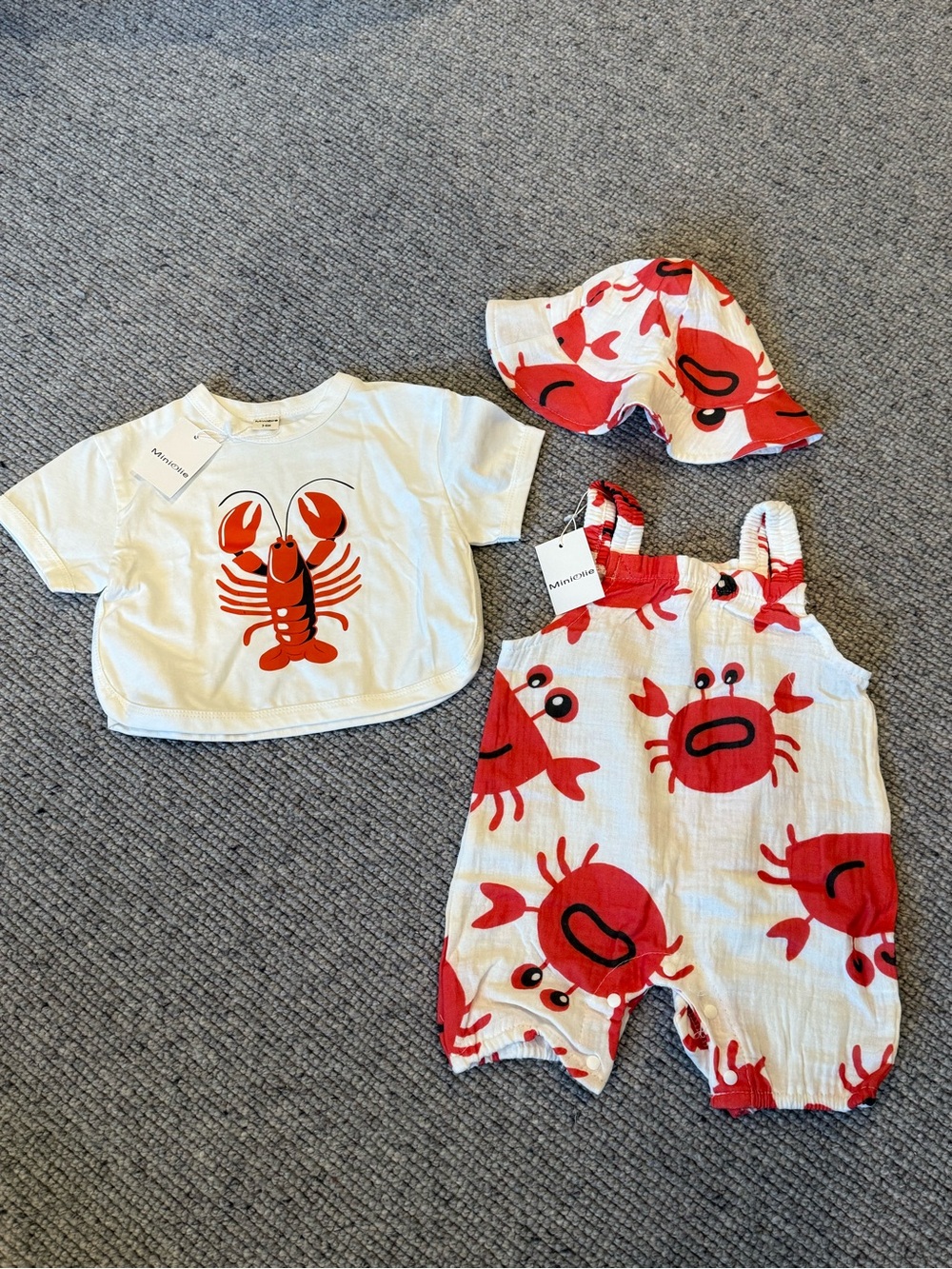 NEW NWT Mini Olie Baby Coveralls T-Shirt Hat Crab Summer Set White Red 3-6 mos - Picture 5 of 6